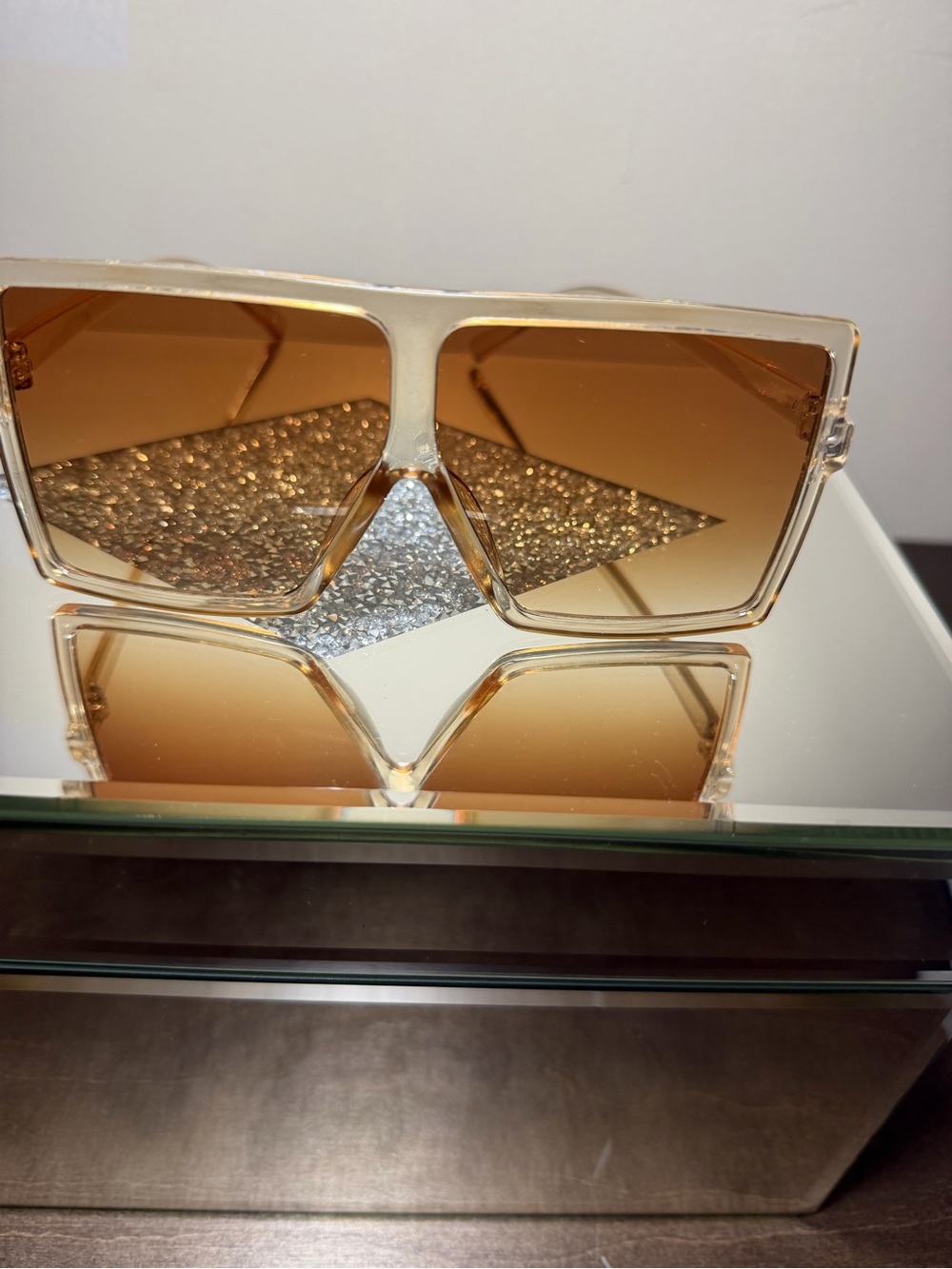 Oversized Square Sunglasses Clear Champagne Frame Brown Gradient Lenses